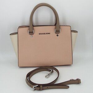 MICHAEL Michael Kors Selma Saffiano Leather Dusty Rose Ecru Taupe Top Handle Bag